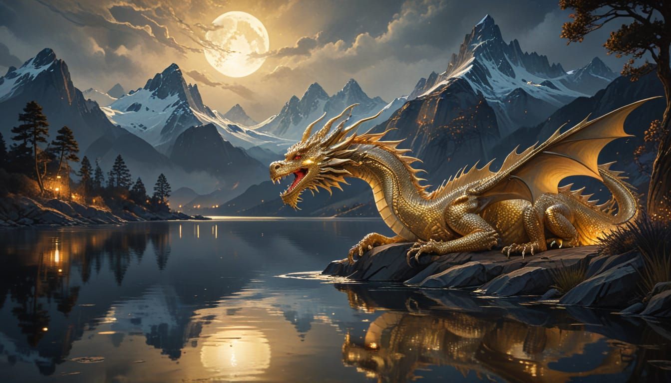 Gold Dragon Tears by Lake: Watercolor Art Nouveau