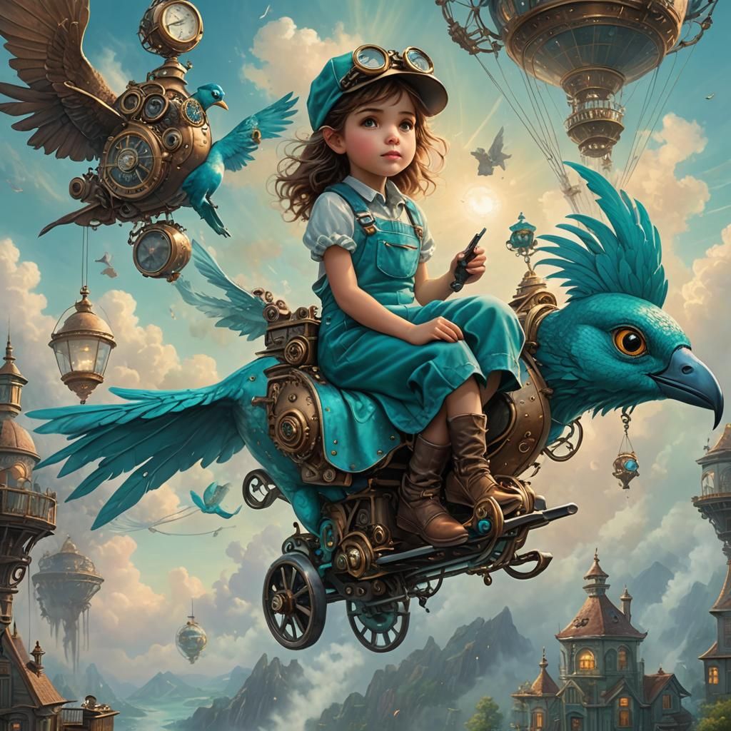 Girl on Giant Steampunk Bird in Ethereal Sky