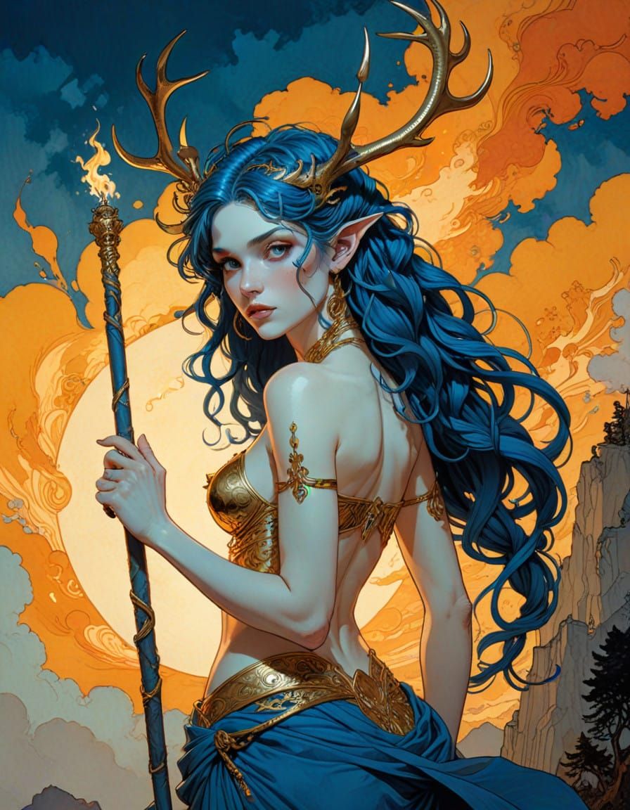 Ethereal Maiden Wields Blue Flame with Opulent Stag Antlers