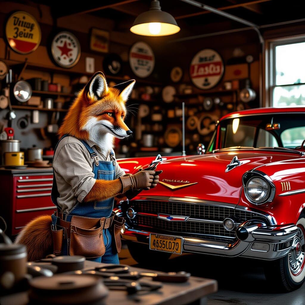 Anthropomorphic Fox Mechanic with Vintage Chevrolet