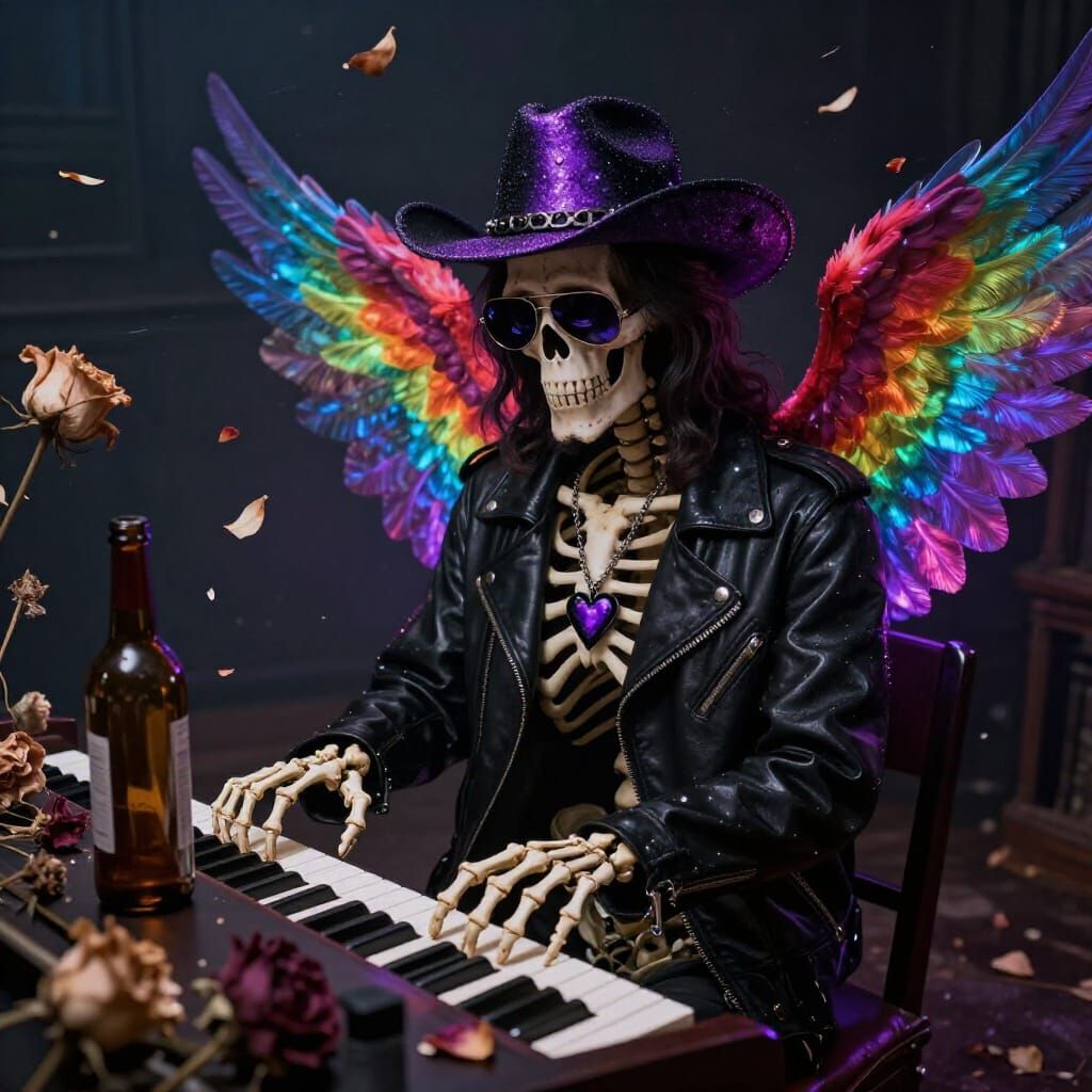 Skeleton Jesus Plays Piano in Surrealist Style