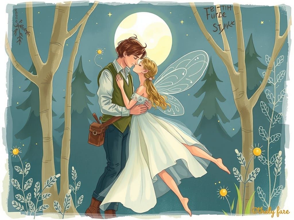 Whimsical Fairy Kissing a Rugged Carpenter in a Dreamy Fores...