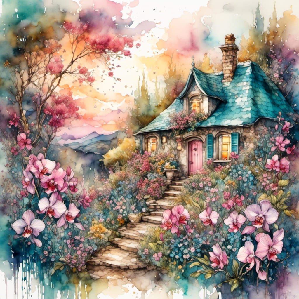 Whimsical Watercolour Cottage Garden at Sunset