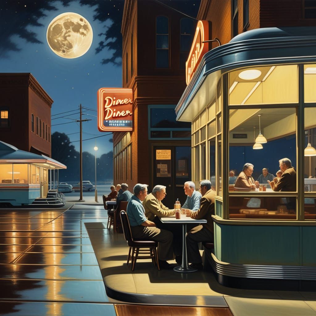 Nostalgic Diner Scene in Moonlit American Realist Style