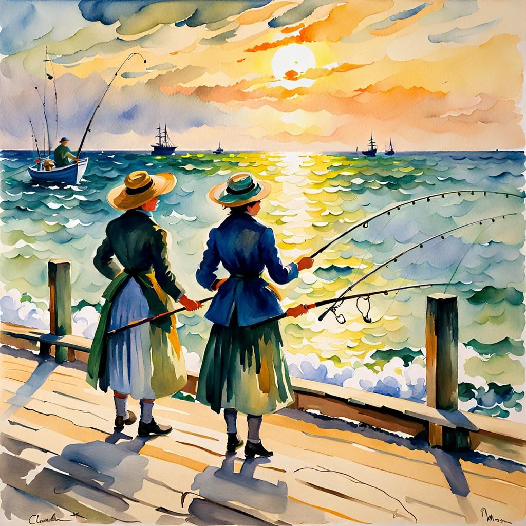 Impressionistic Watercolor of Fishermen on Pier