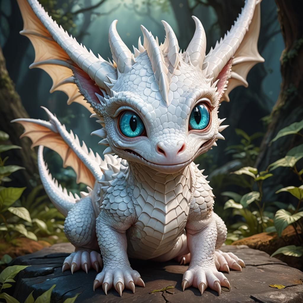 Cute Albino Dragon in 3D Cartoon Style