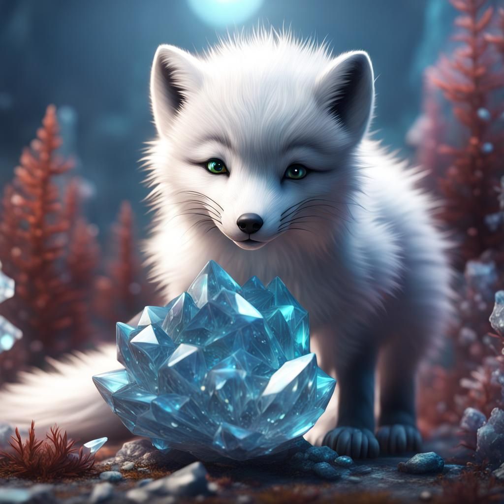 Arctic Fox Bowing to Crystal Flower