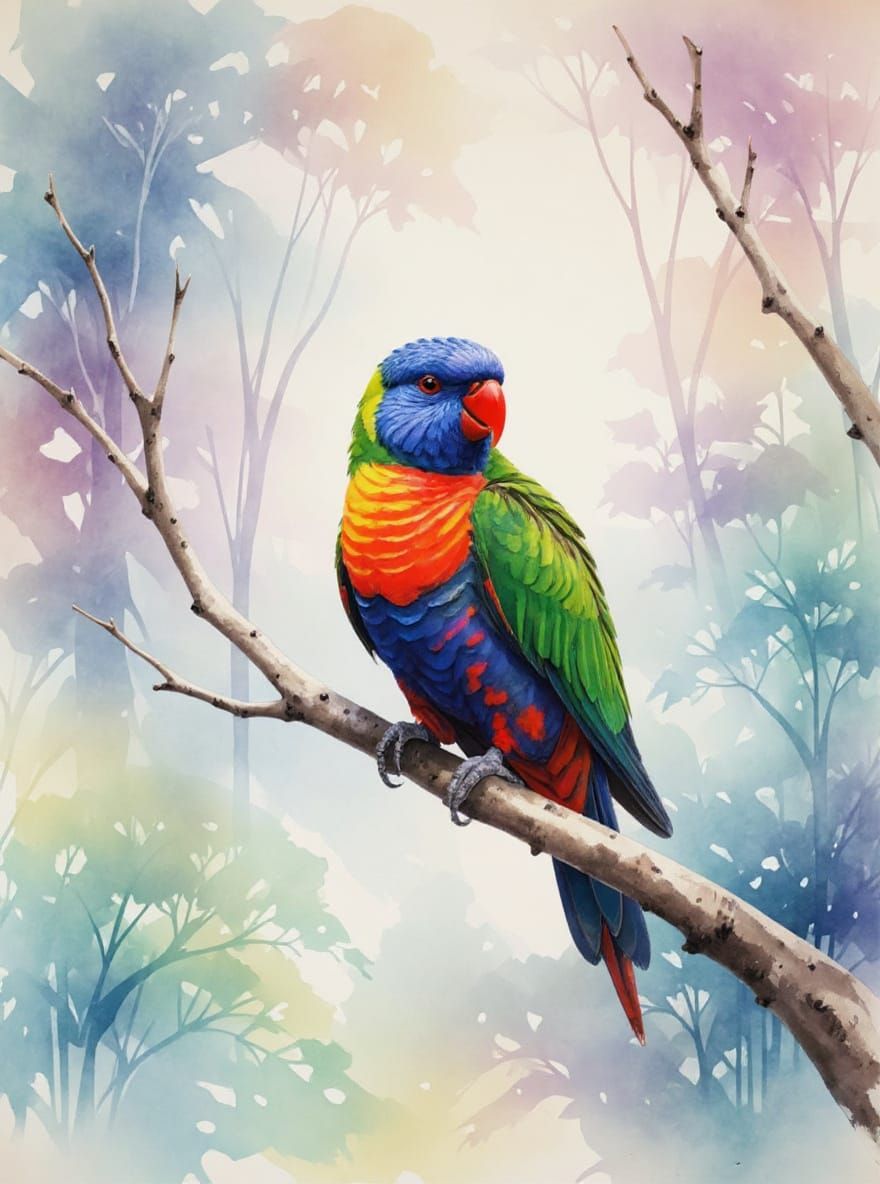 Rainbow Lorikeet on Eucalyptus Branch in Ink Wash Style