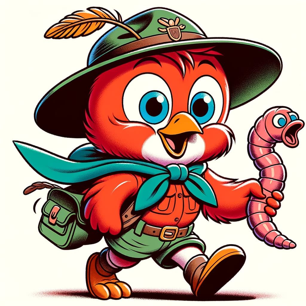 Cartoon Red Robin Scout with Worm