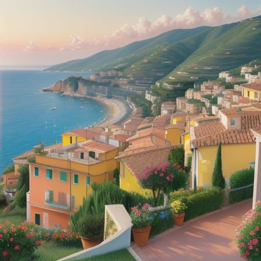 Surreal Italian Riviera Masterpiece in Impressionist Style