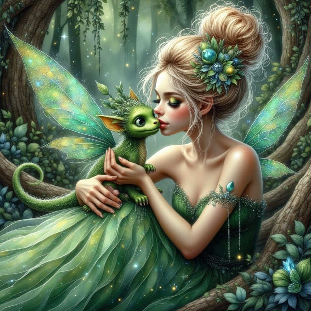 Fairy Kisses Dragon in Enchanted Forest