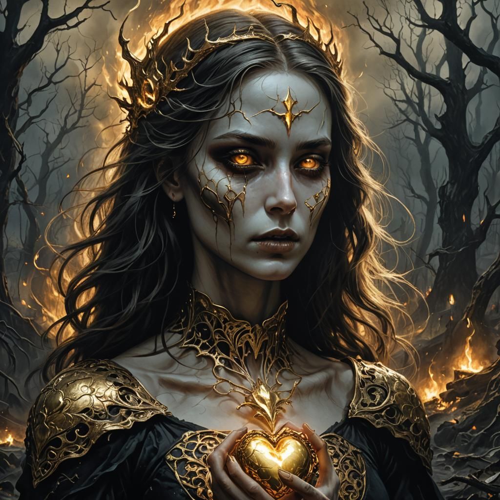 Woman Holding Golden Heart in Dark Fantasy Style