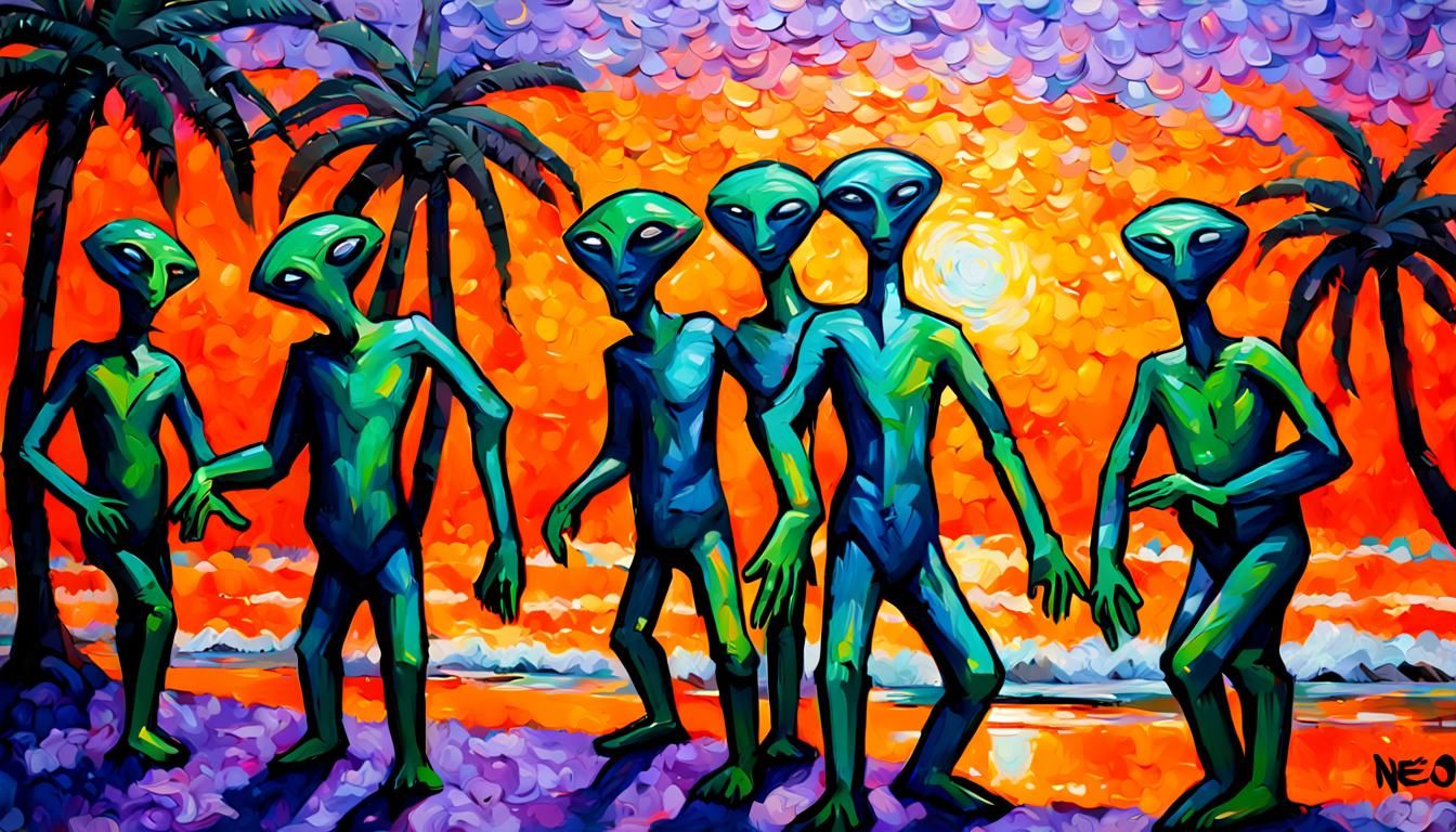 Aliens at Goa Beach Techno Party: Neo-Impressionist Painting