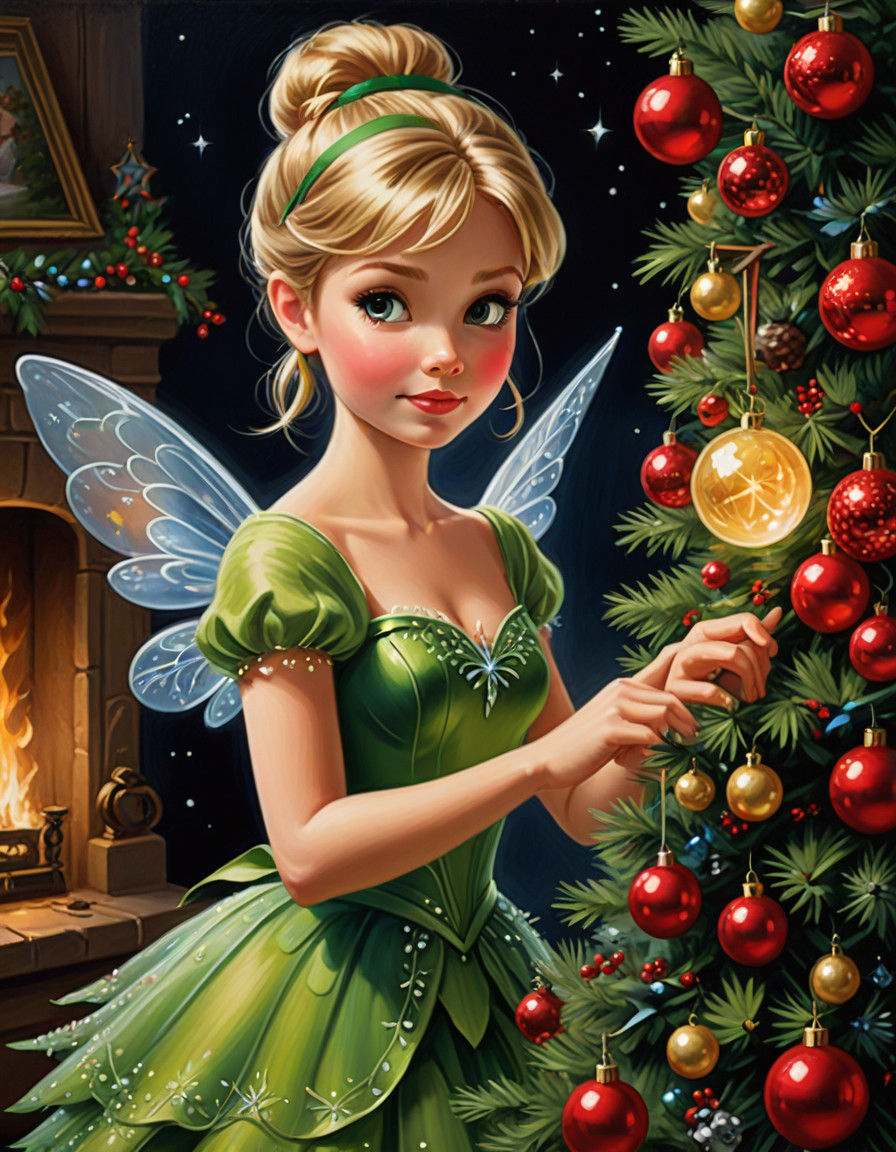Whimsical Tinkerbell Adorns a Christmas Tree in a Vibrant Oi...