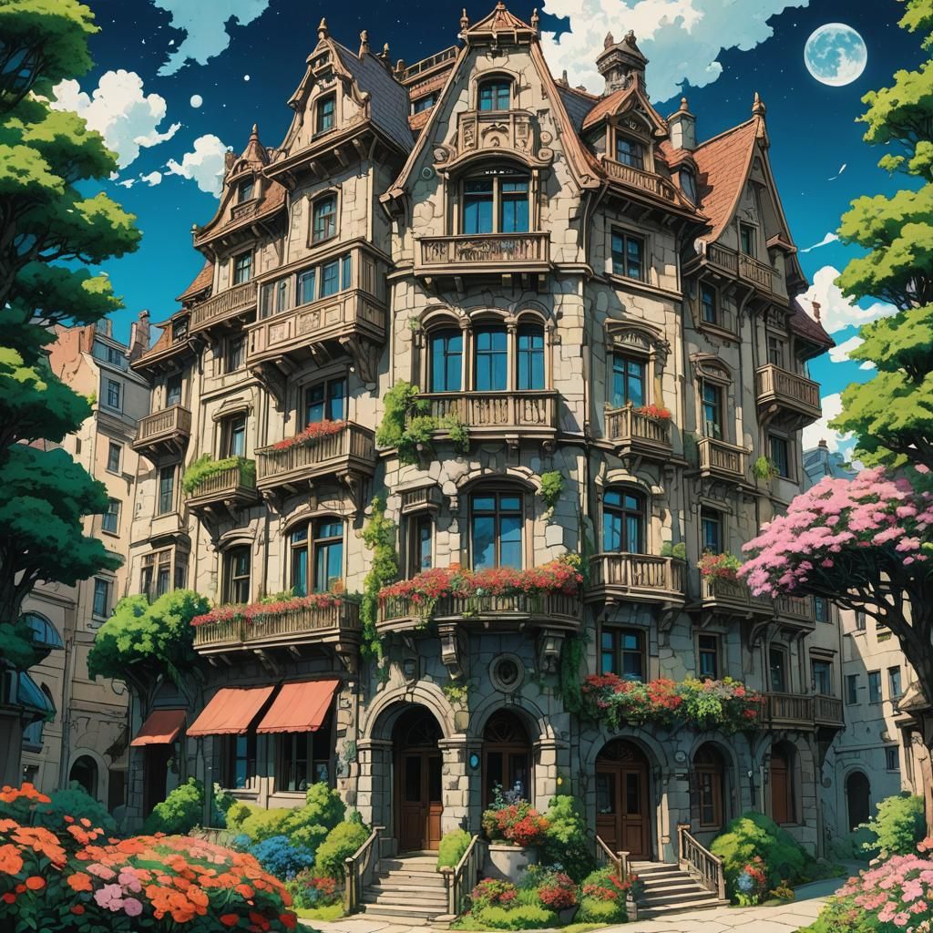 Ghibli-Inspired Apartment Building with Lush Gardens