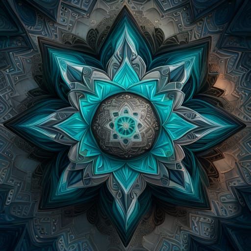 Teal and Grey Star Mandala: Detailed Matte Painting
