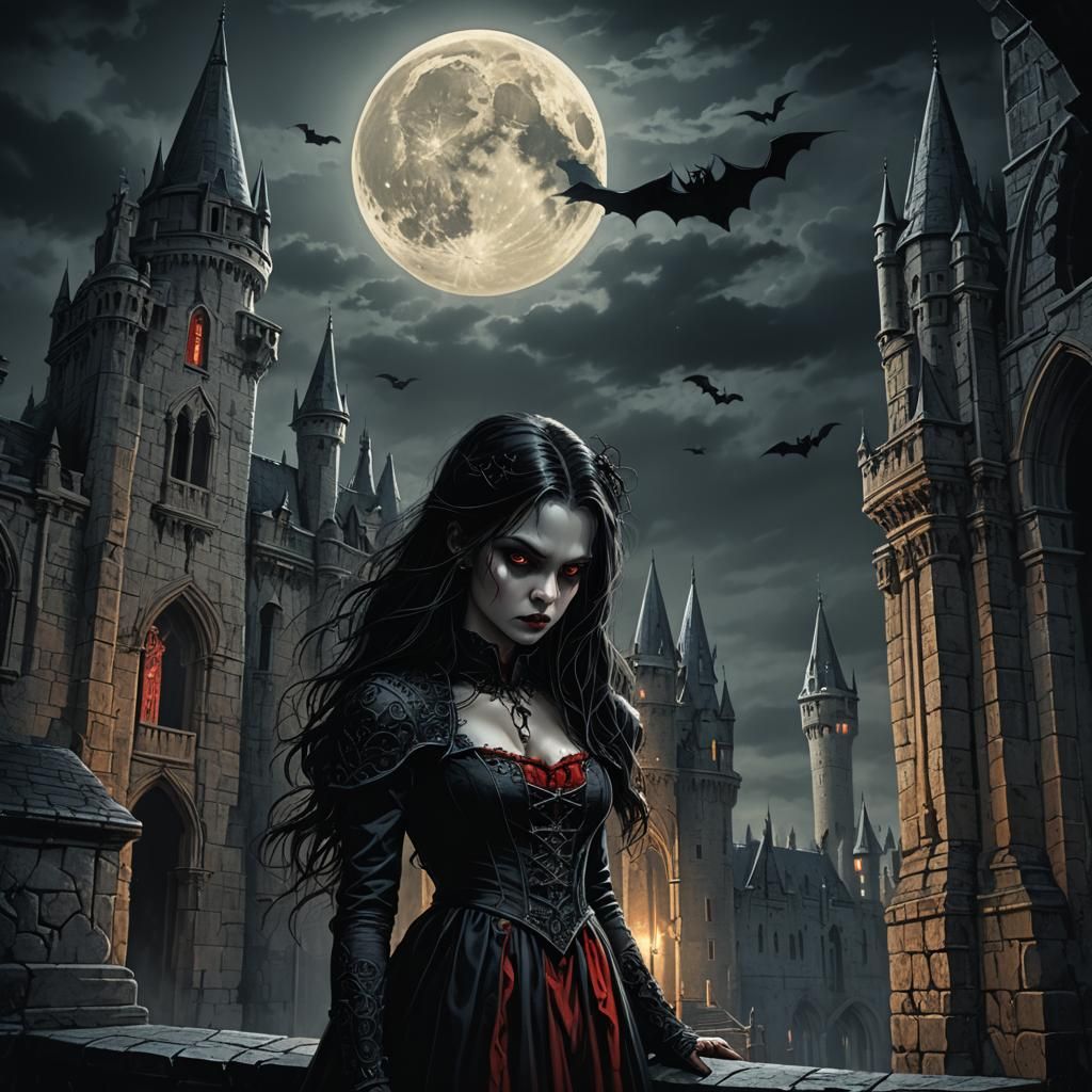 Vampire Maiden in Gothic Castle Lit by Full Moon