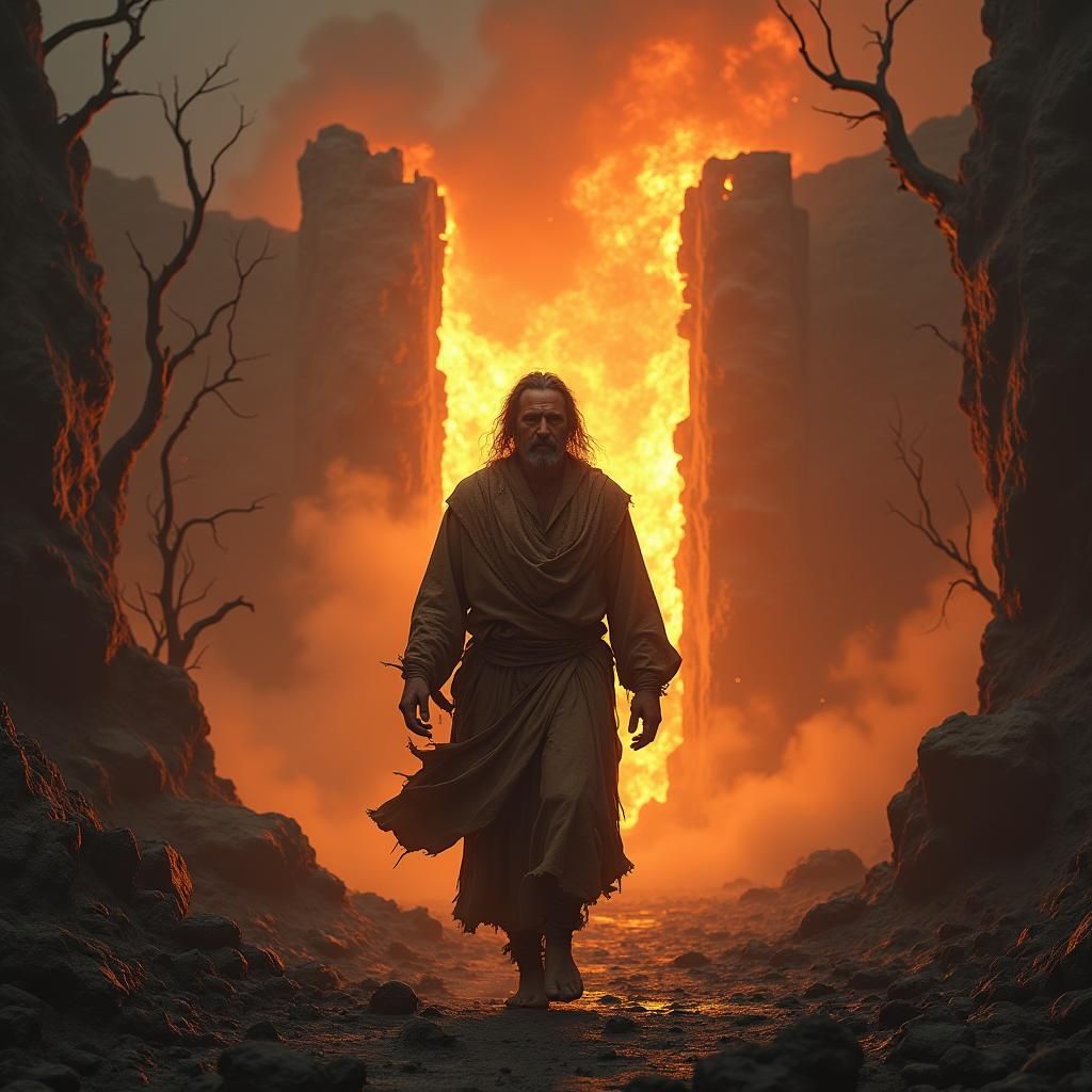 Man Walks Through Hellish Landscape with Hope