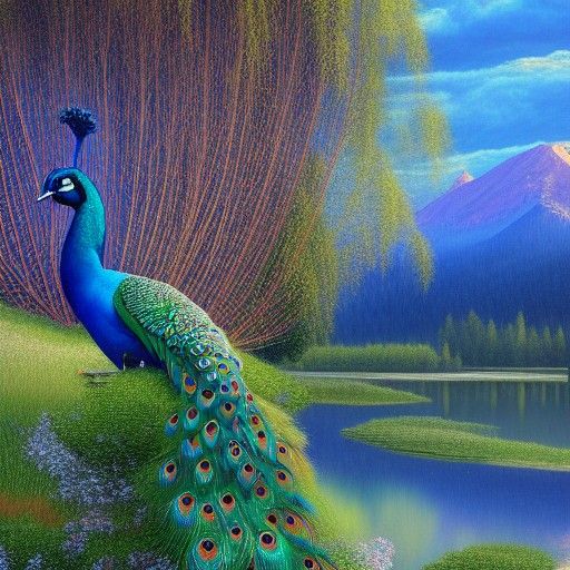 Vibrant Teal Peacock Near Willow Tree