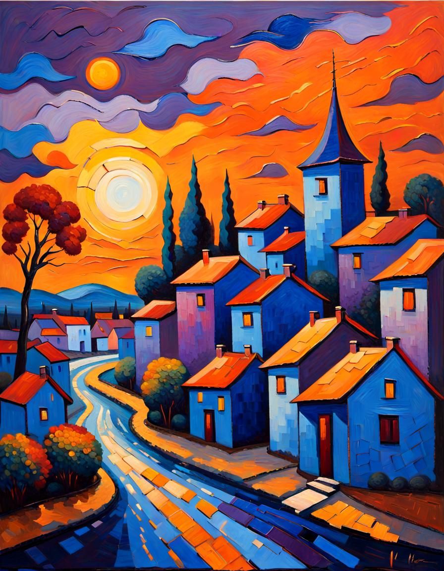 Colorful Sunset Village in Neo-Impressionist Style