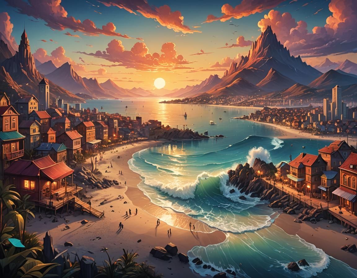 Beach City Sunset in Naive Art Style