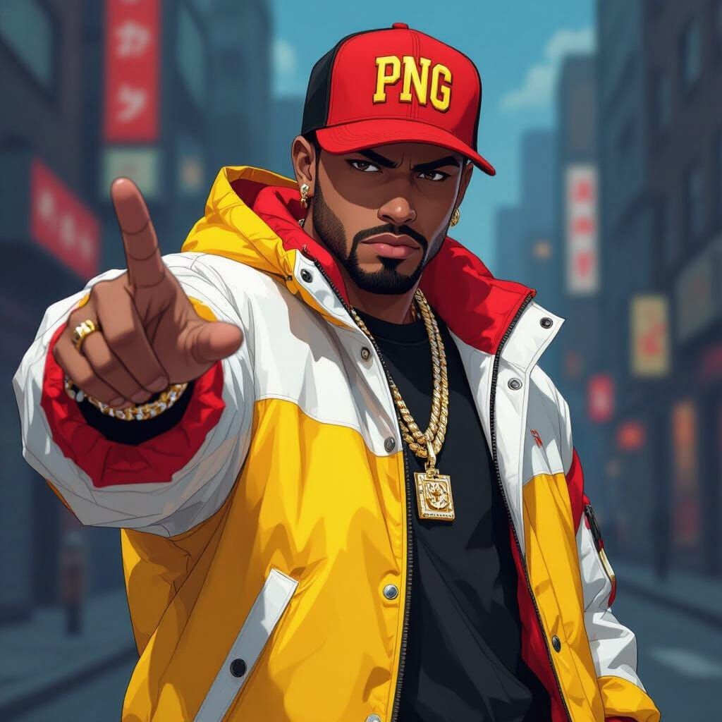 Anime-Style Rapper in Bold Jacket Poses in Cityscape