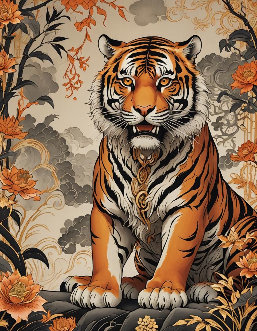 Chinese Zodiac Tiger Illustration in Traditional Style
