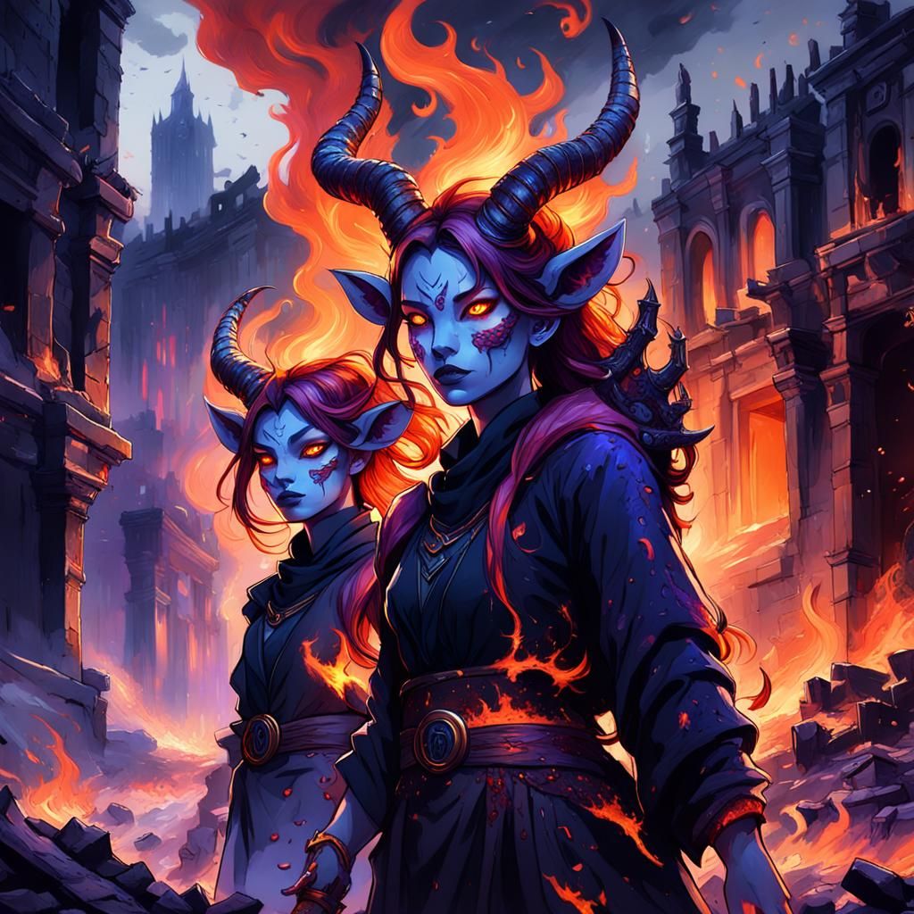 Anima Girls in Burning City: Dark Fantasy Art