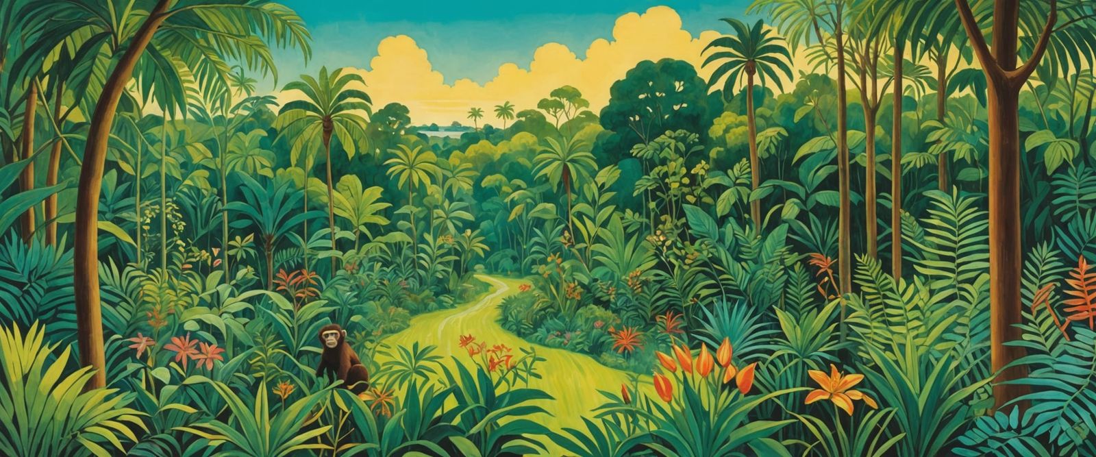 Naive Tropical Jungle Landscape with Monolith in Golden Ligh...