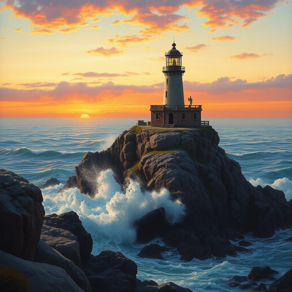 Lighthouse Sunset: A Romantic Landscape Painting