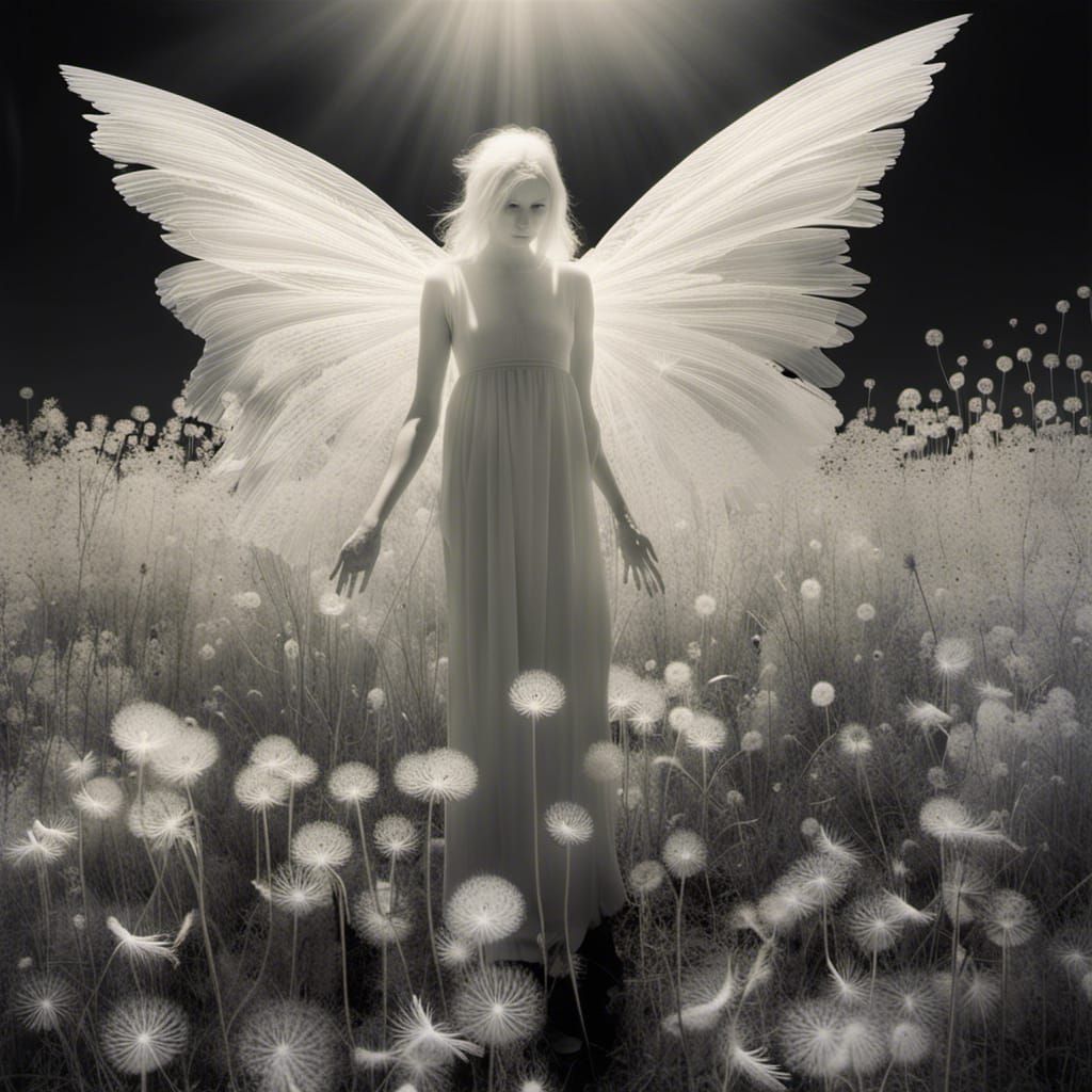 Ghostly Angel in Dandelion Dreamscape: Infrared Photography