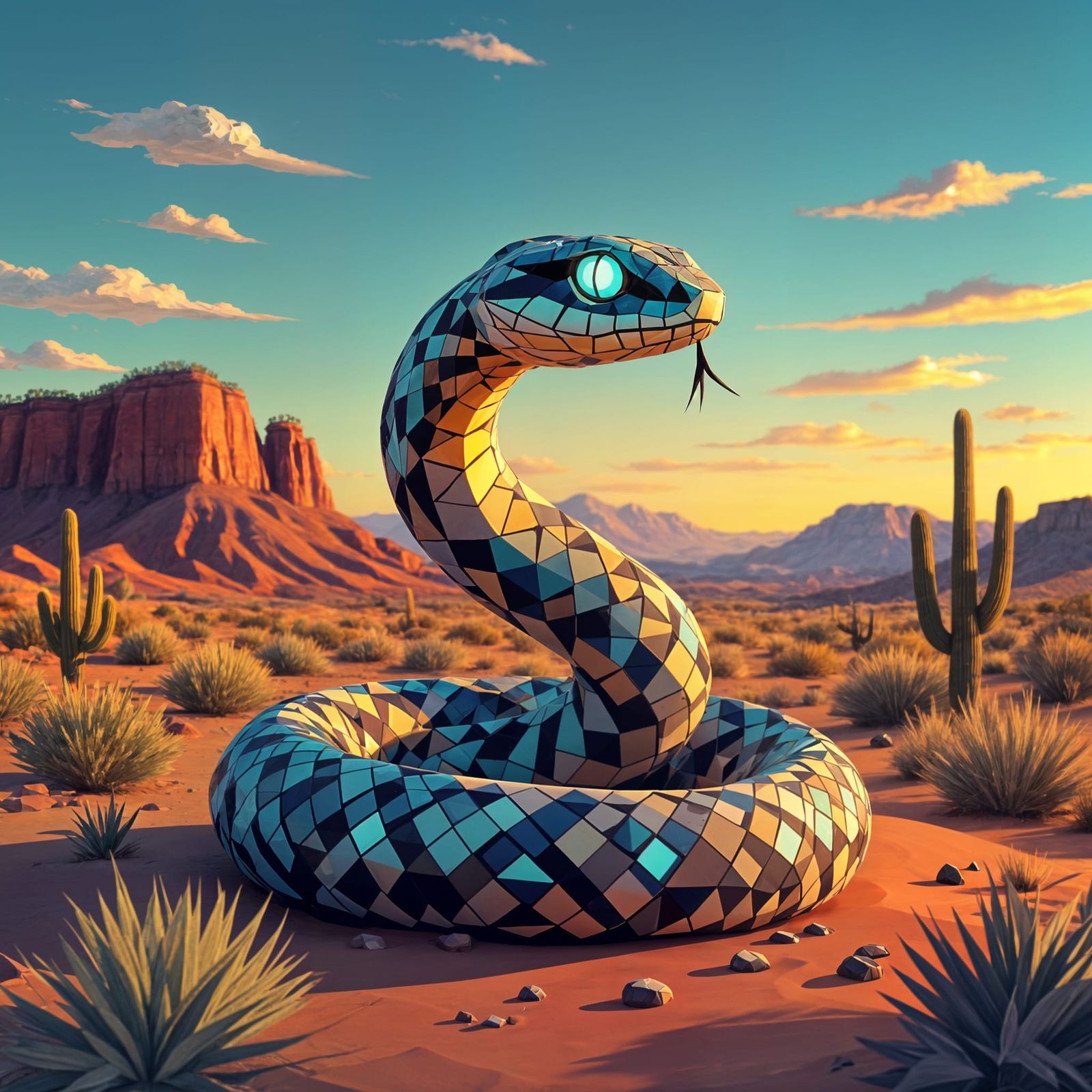 Low-Poly Rattlesnake with Turquoise Eyes on Mesa