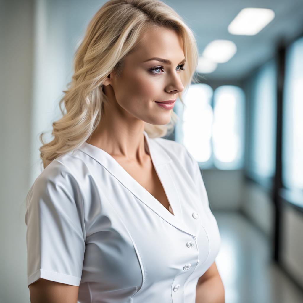 Magnifique infirmière blonde et mince avec belle et proéminente poitrine avec blouse blanche qui marche dans un hall d'h...