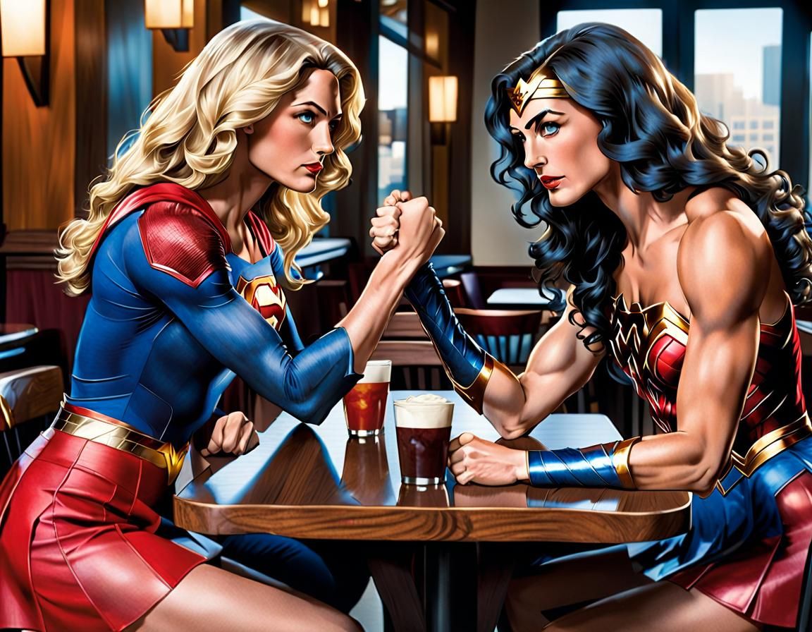 Supergirl and Wonder Woman Arm Wrestling Comic Art