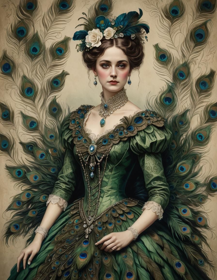 A Beautiful young Victorian Woman in a dress made of peacock feathers