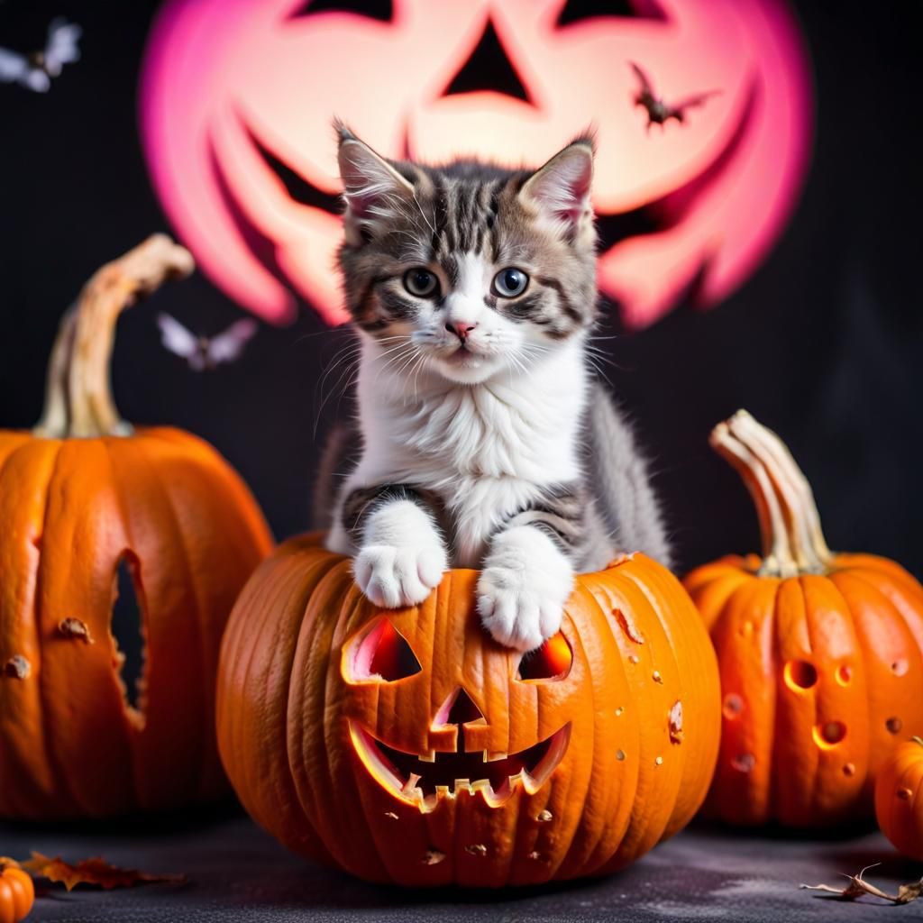 Adorable Kitten Plays Inside Halloween Pumpkin