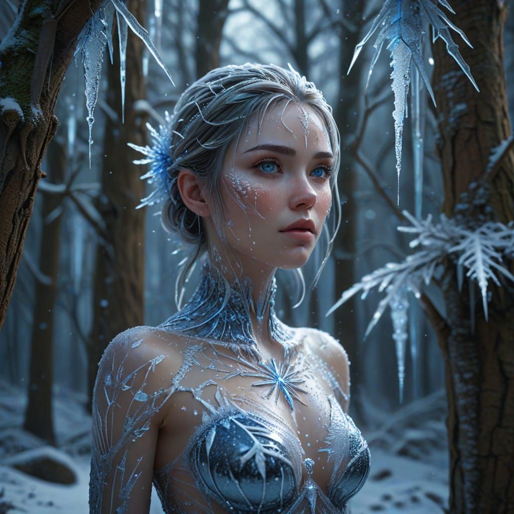Photorealistic Ice Woman in Frozen Forest
