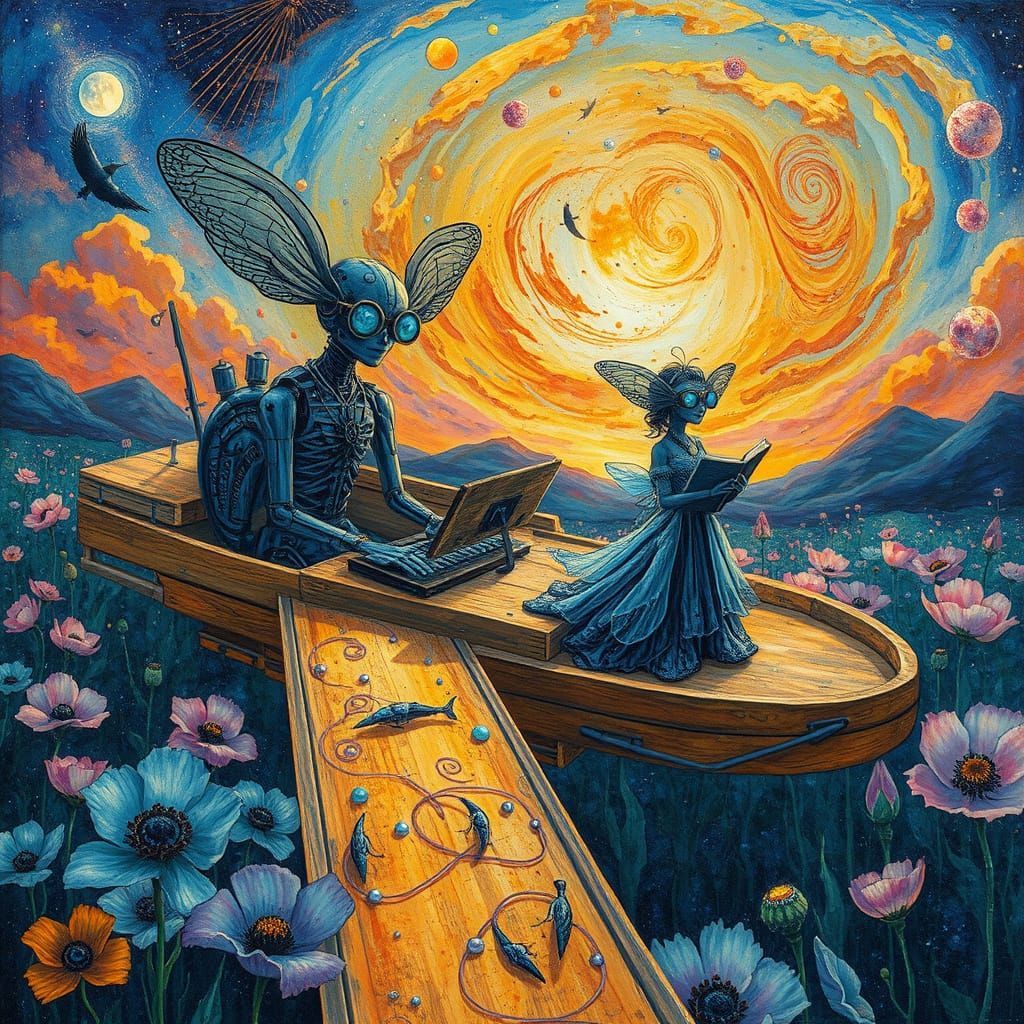 Spaceship Sails Through Sunset Galaxy in Glass Forest