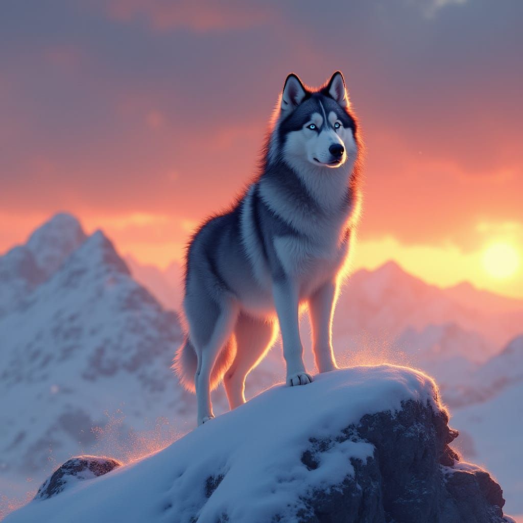 Siberian Husky Silhouette on Mountain Peak at Sunset