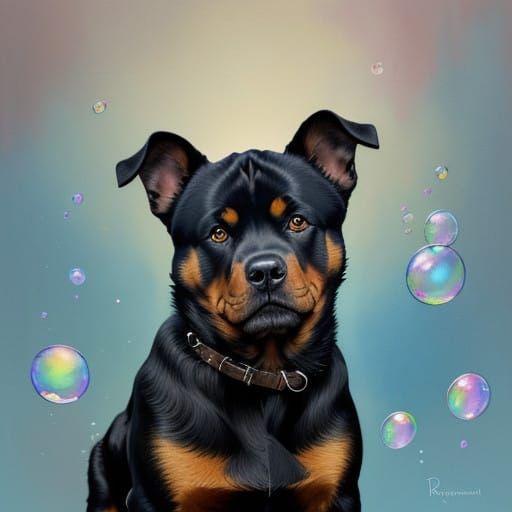 Luminous Rottweiler Pup with Whimsical Bubble