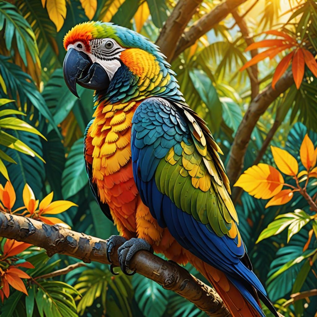 Vibrant Parrot in Tree, Fauvist Digital Art