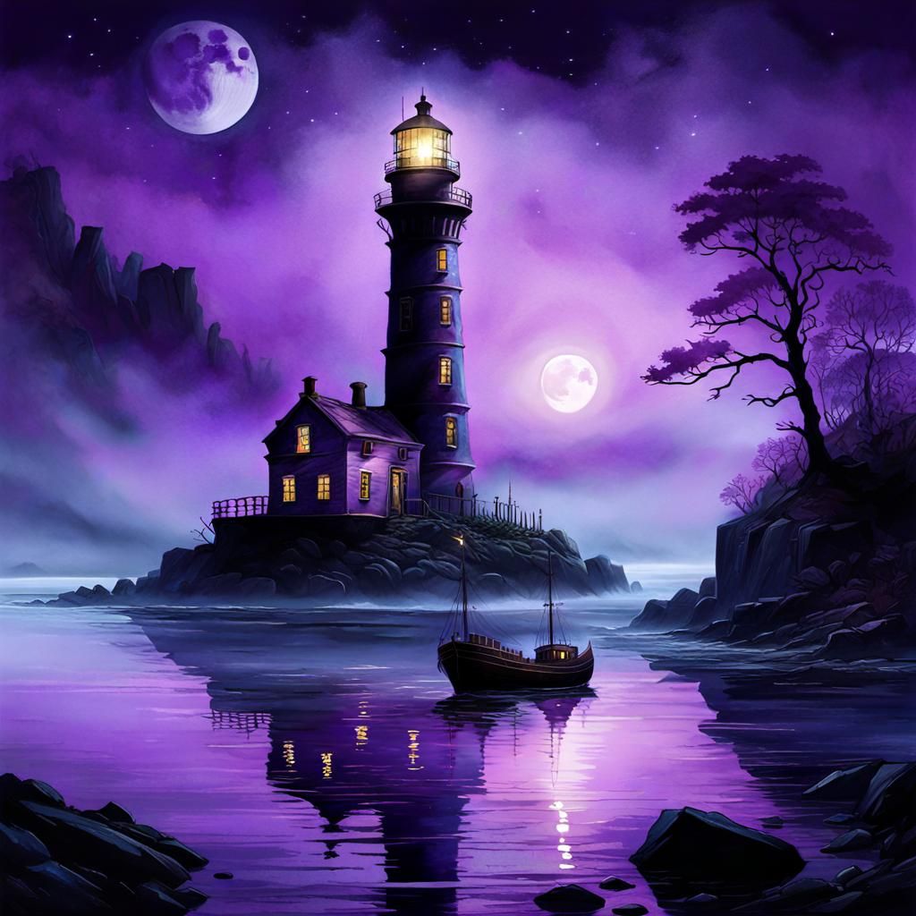 Ghost Ship by Lighthouse in Creepy Violet Fog