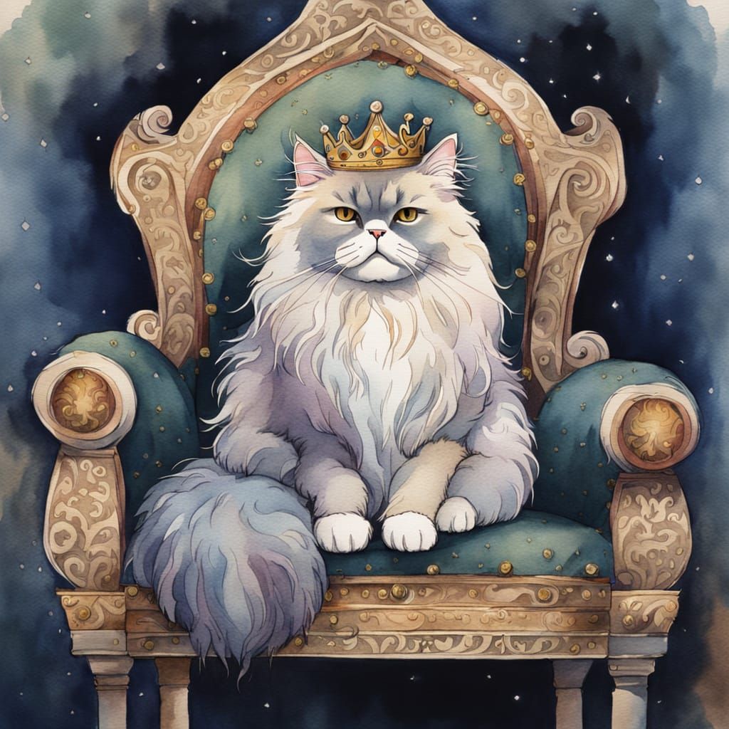 Fluffy Persian Cat with Crown on Velvet Cushion