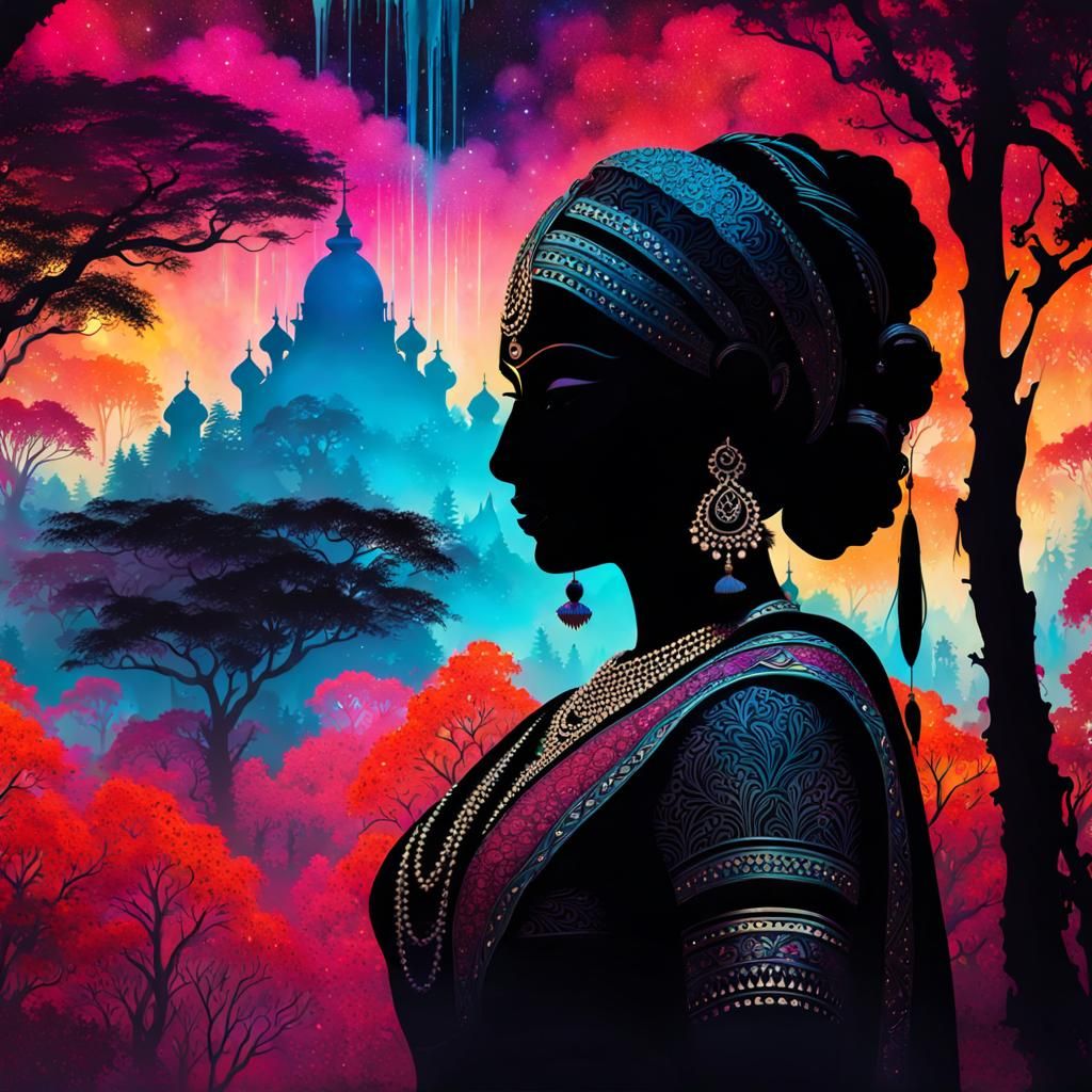 black silhouette Indian Goddess, wet acrylic pour, flower forest, Bollywood glamour