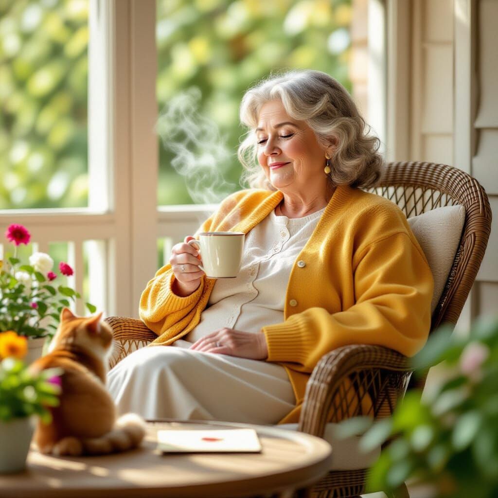 Elderly Woman on Sunlit Porch with Cat and Letter