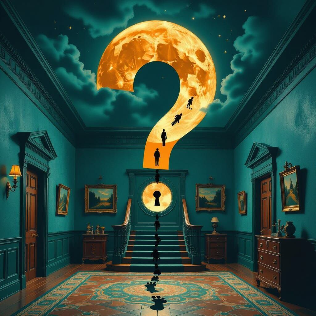 Surreal Question Mark Mansion in Teal and Orange