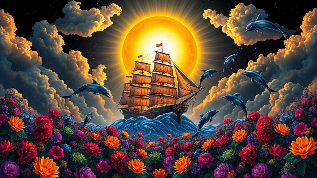 Cosmic Treasure Ship Voyage in Bioluminescent Ink Art