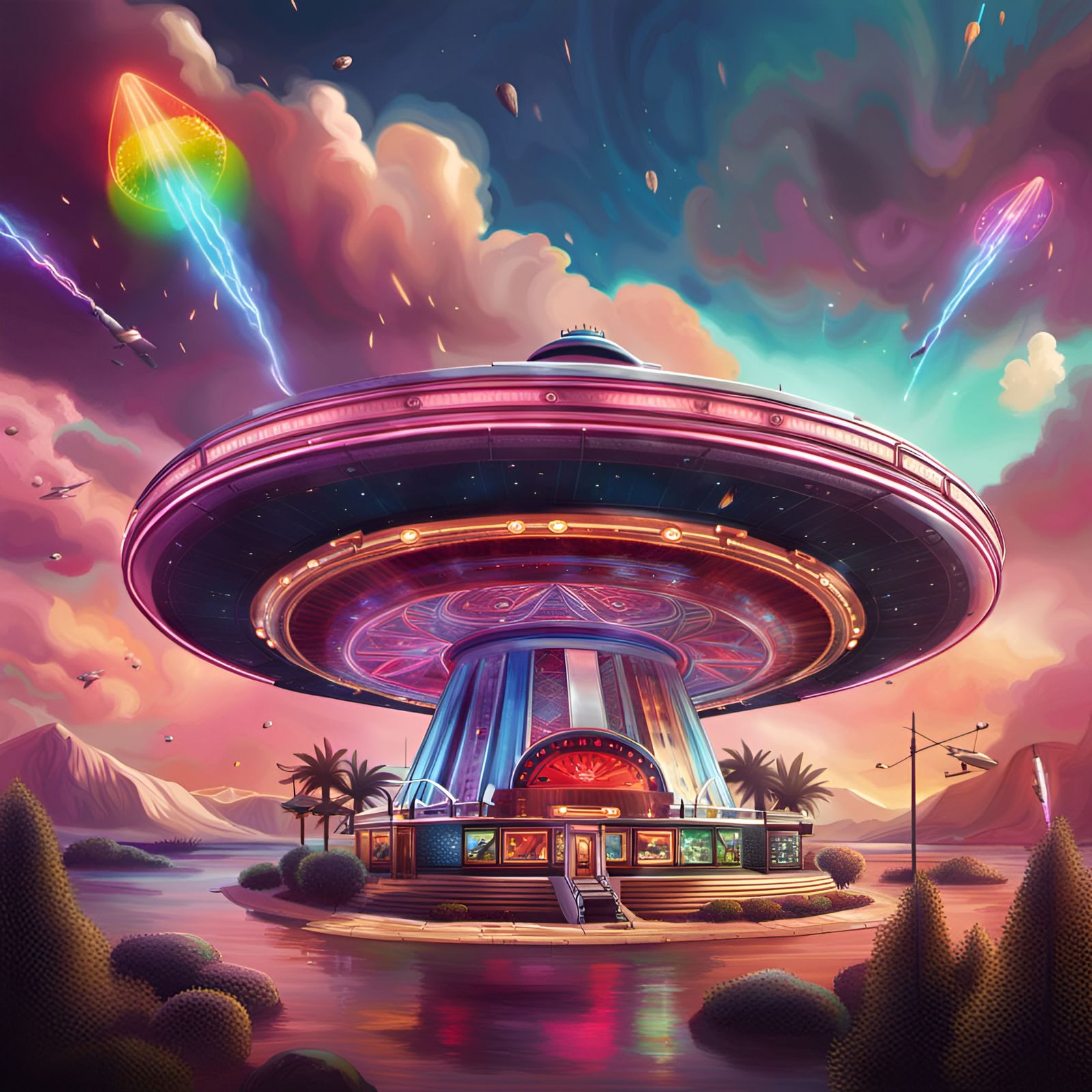 Hyperrealistic UFO Casino Concept Art
