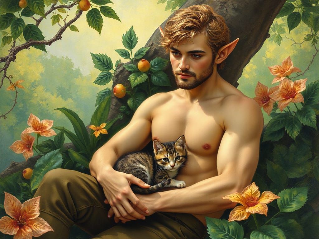 Mystical Half-Elf with Whimsical Feline Companion in Art Nou...