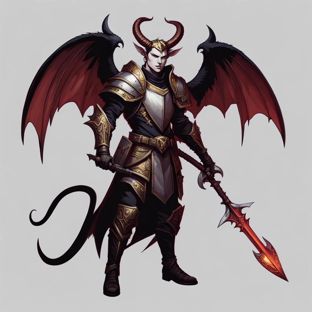 Winged Tiefling Warrior with Warhammer in Scale Armor